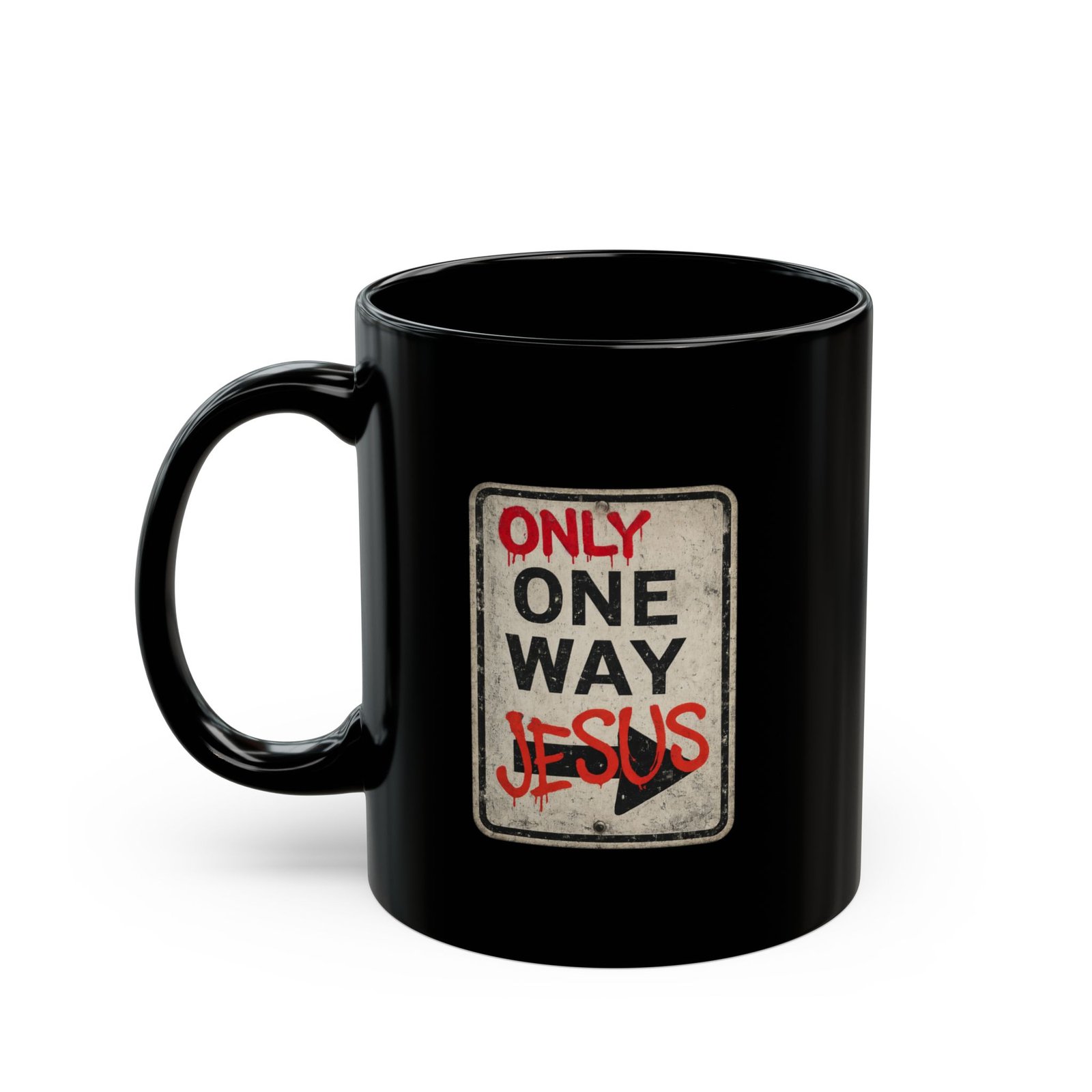 Christian Mug — “Only One Way” Jesus Road Sign Black Coffee Cup (11oz, 15oz) - Image 2